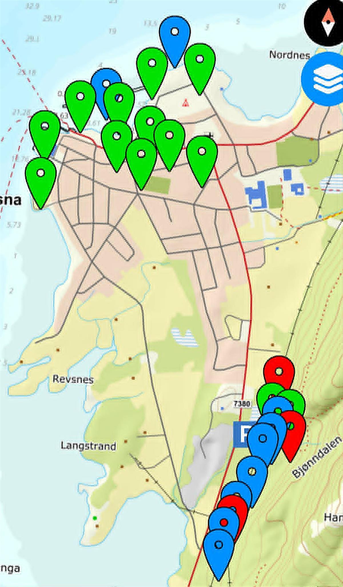 Kart over stolper på Nesna
